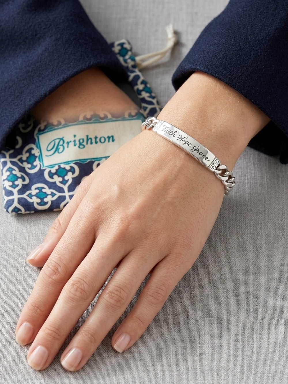 Brighton Classic Vintage Silver ID Bracelet Faith Hope Grace Engraved Script